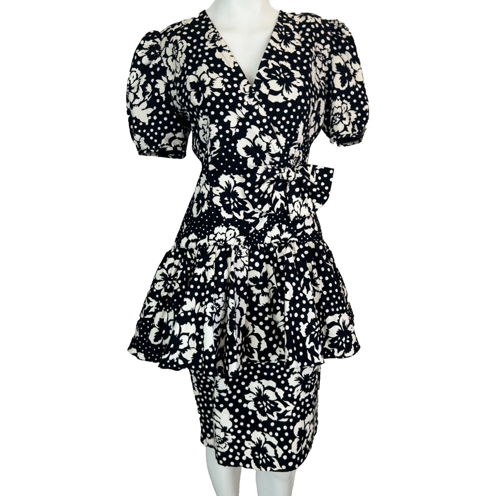 Vintage Rickie Freeman TeriJon Floral Polka Dot Drop Waist 80s Party Dress 6 EUC